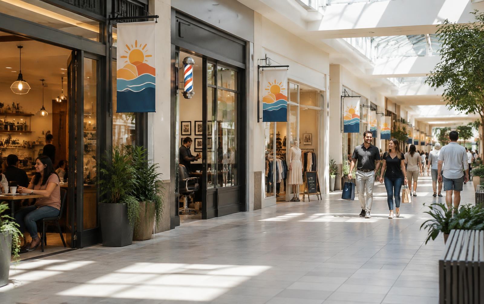 Neighboring independent stores in a mall sharing matching promotional banners